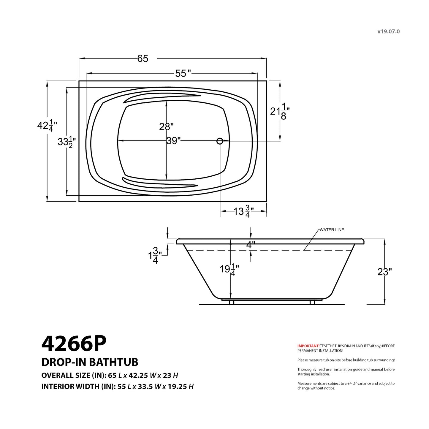 Polaris 42.25 x 65in. Air and Whirlpool Jetted Bathtub in White with Reversible Drain