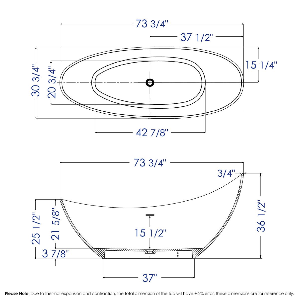 73" White Solid Surface Smooth Resin Soaking Slipper Bathtub by Alfi