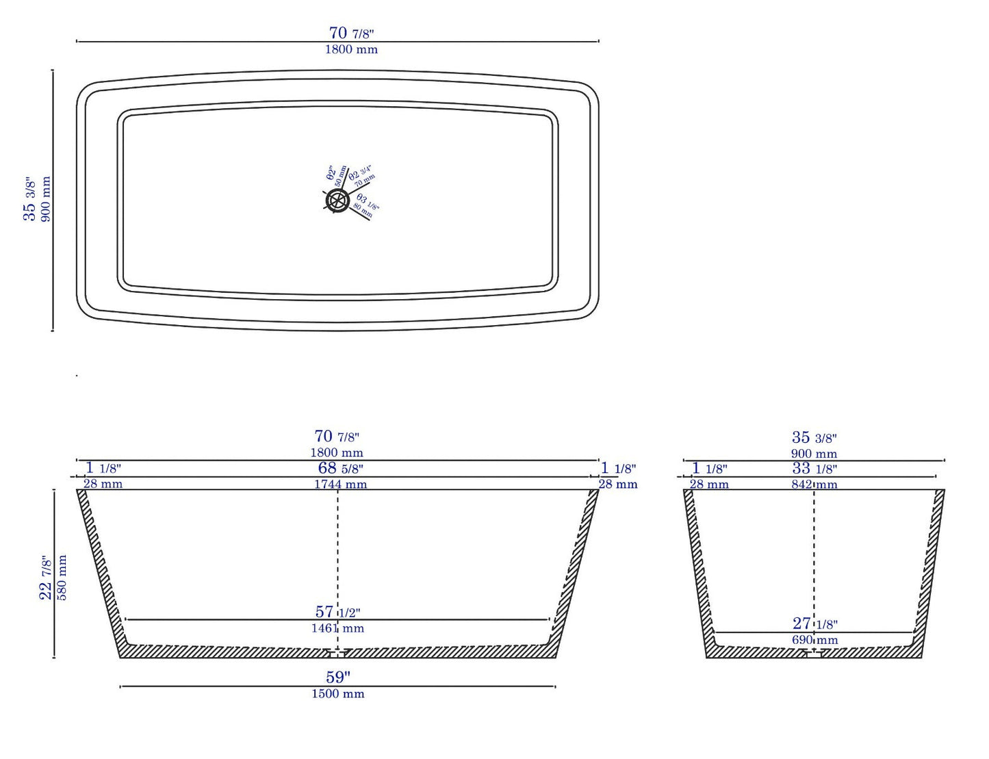 Solid Concrete Rectangular Freestanding Bathtub by Alfi