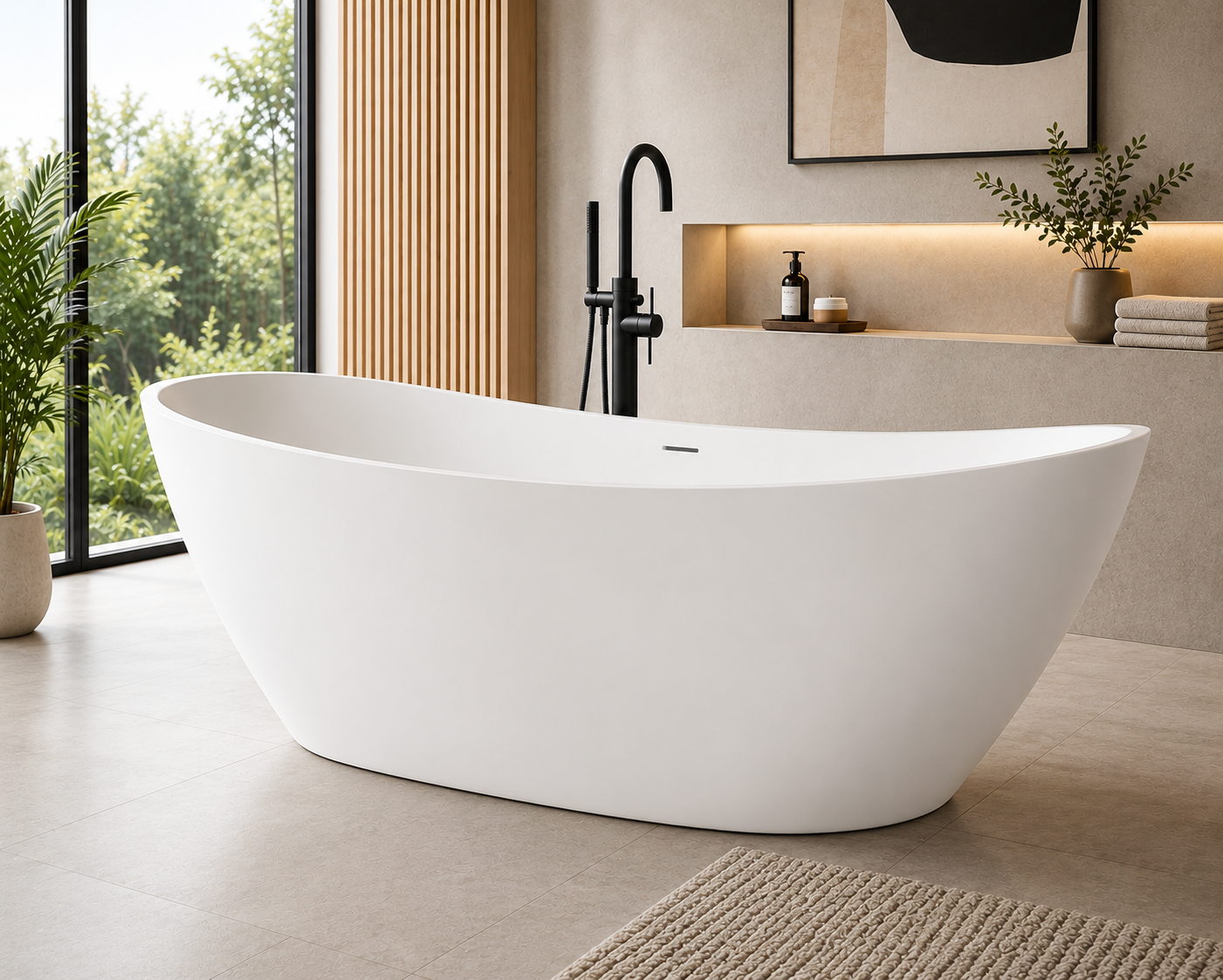 Giselle 65" x 34" Freestanding Solid Surface Soaking Bathtub with Drain and Integrated Overflow by Altair