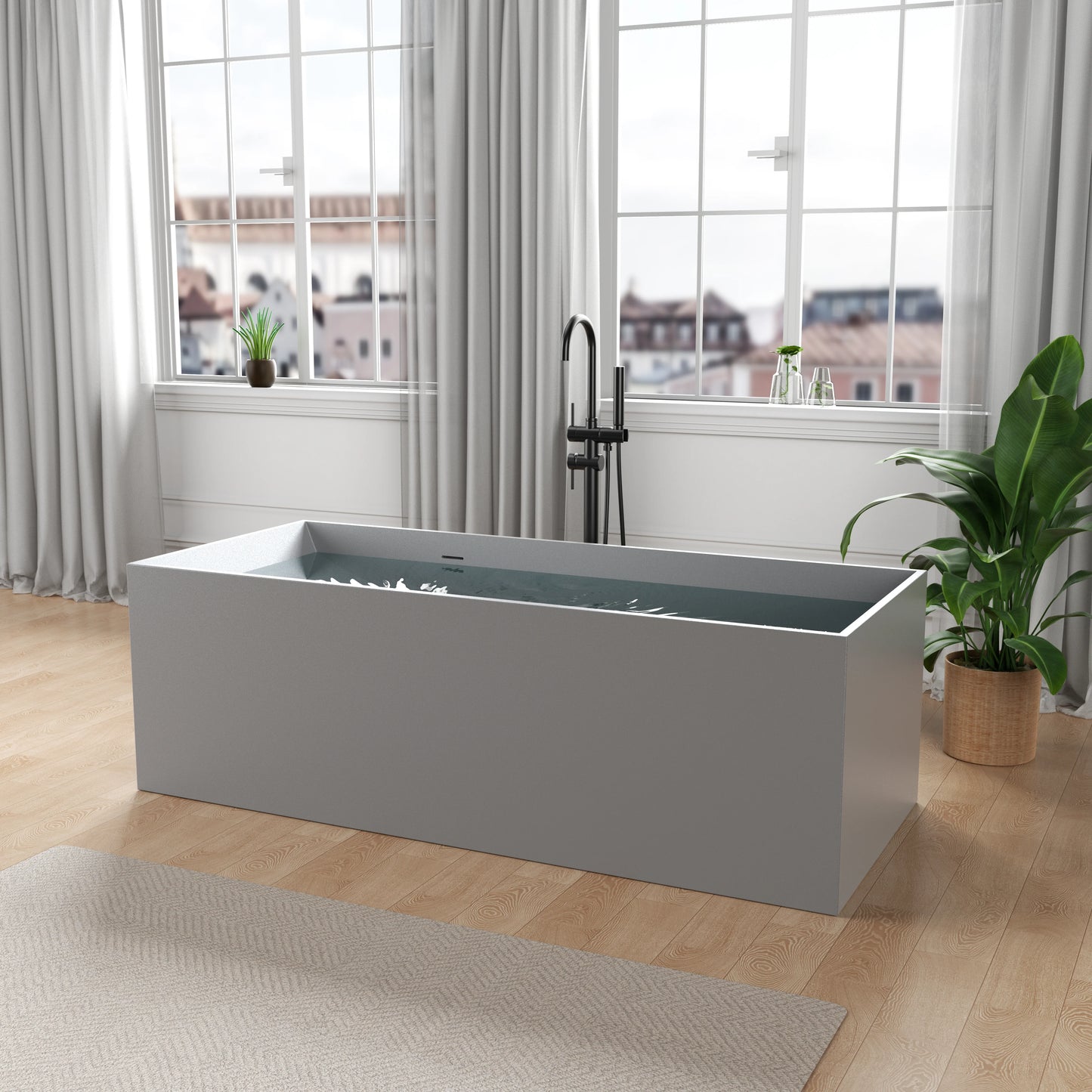 Palace Series 67 in. x 32 in. Flat Bottom Solid Surface Freestanding Soaking Bathtub with Reversible Drain in Slate Gray