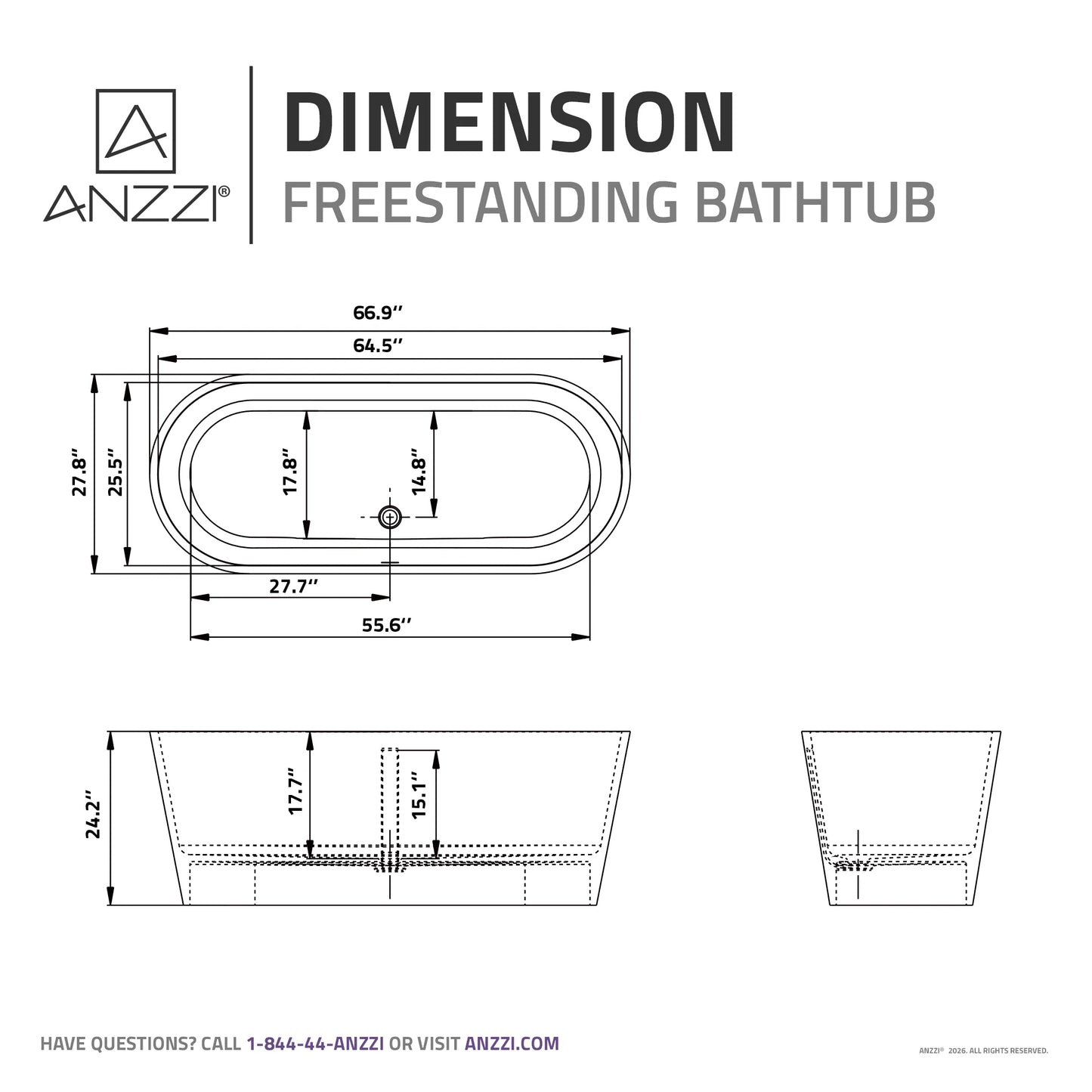 Rossetto Series 67 in. x 28 in. Flat Bottom Solid Surface Freestanding Soaking Bathtub with Center Drain in Matte White