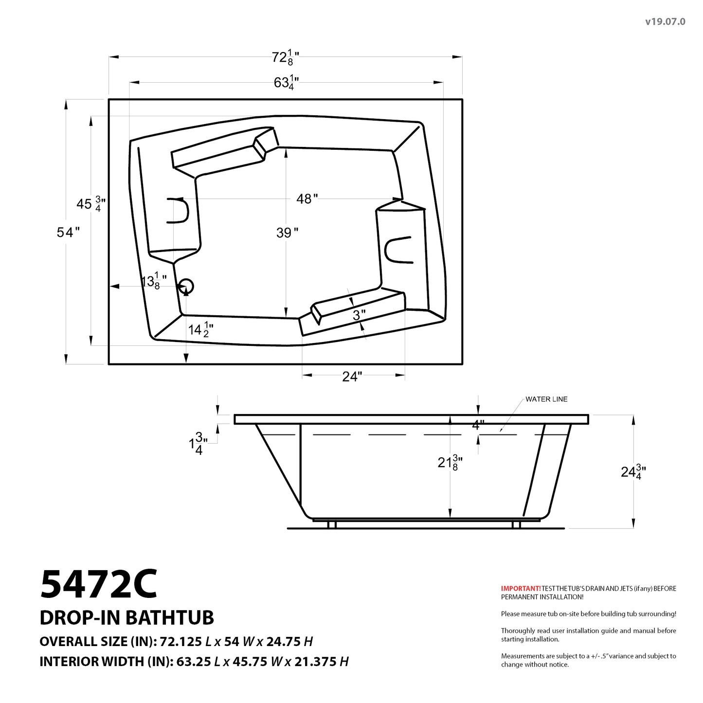 Caresse 72 in. x 54 in. Rectangular Soaking Bathtub with Center Drain in White
