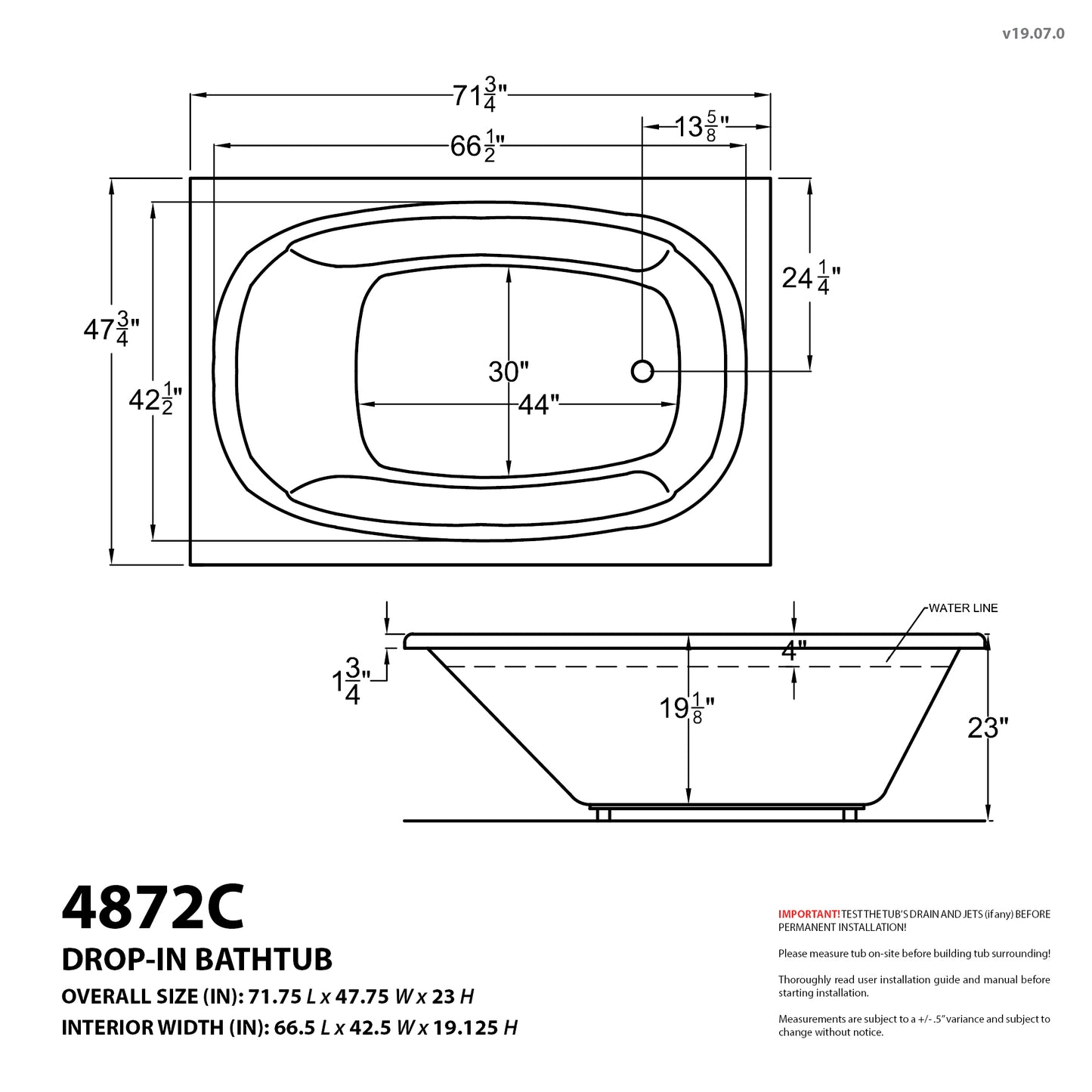 Charleston 48 x 72 Rectangular Soaking Bathtub with Reversible Drain