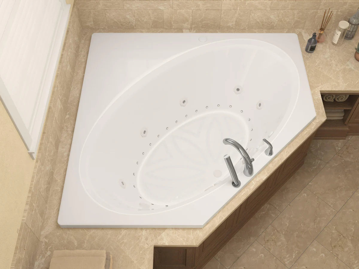 Mali 83 in. x 62 in. Corner Whirlpool and Air Bathtub with Center drain and VS Jets and Aromatherapy in Glossy White