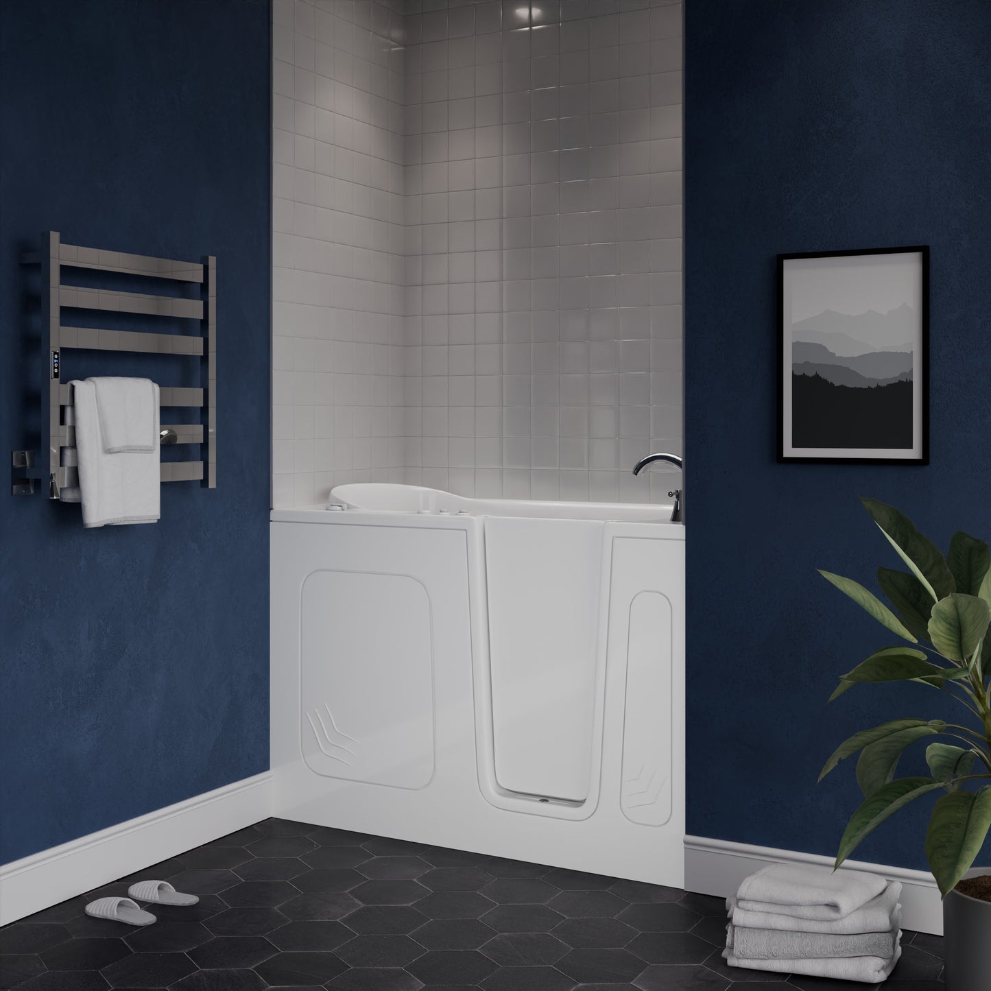 MediTub 30 x 54 white whirlpool jetted bathtub in a dark blue bathroom.