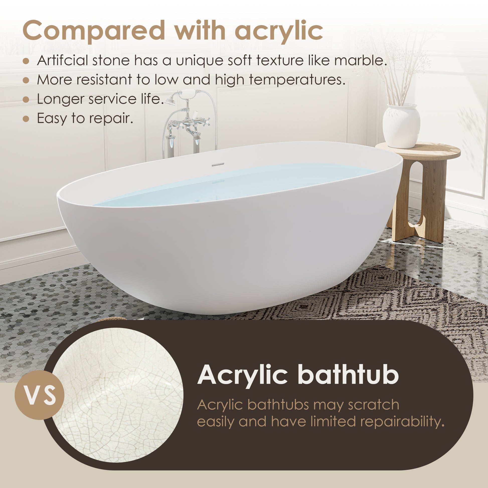 Elegant Freestanding Oval Tub Solid Surface Soaking Bathtub by Altair