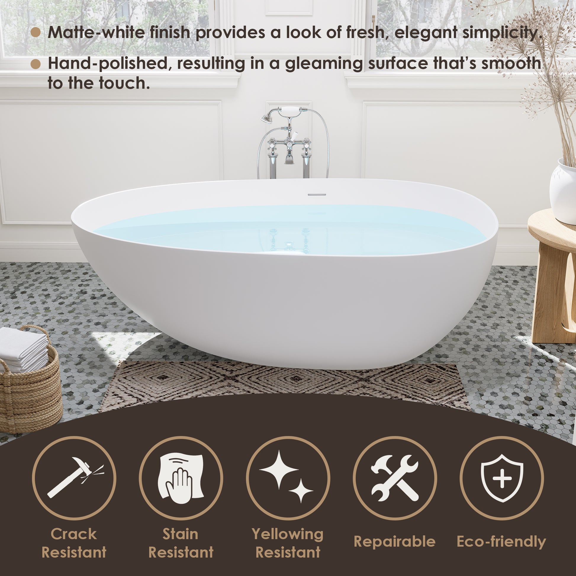 Elegant Freestanding Oval Tub Solid Surface Soaking Bathtub by Altair
