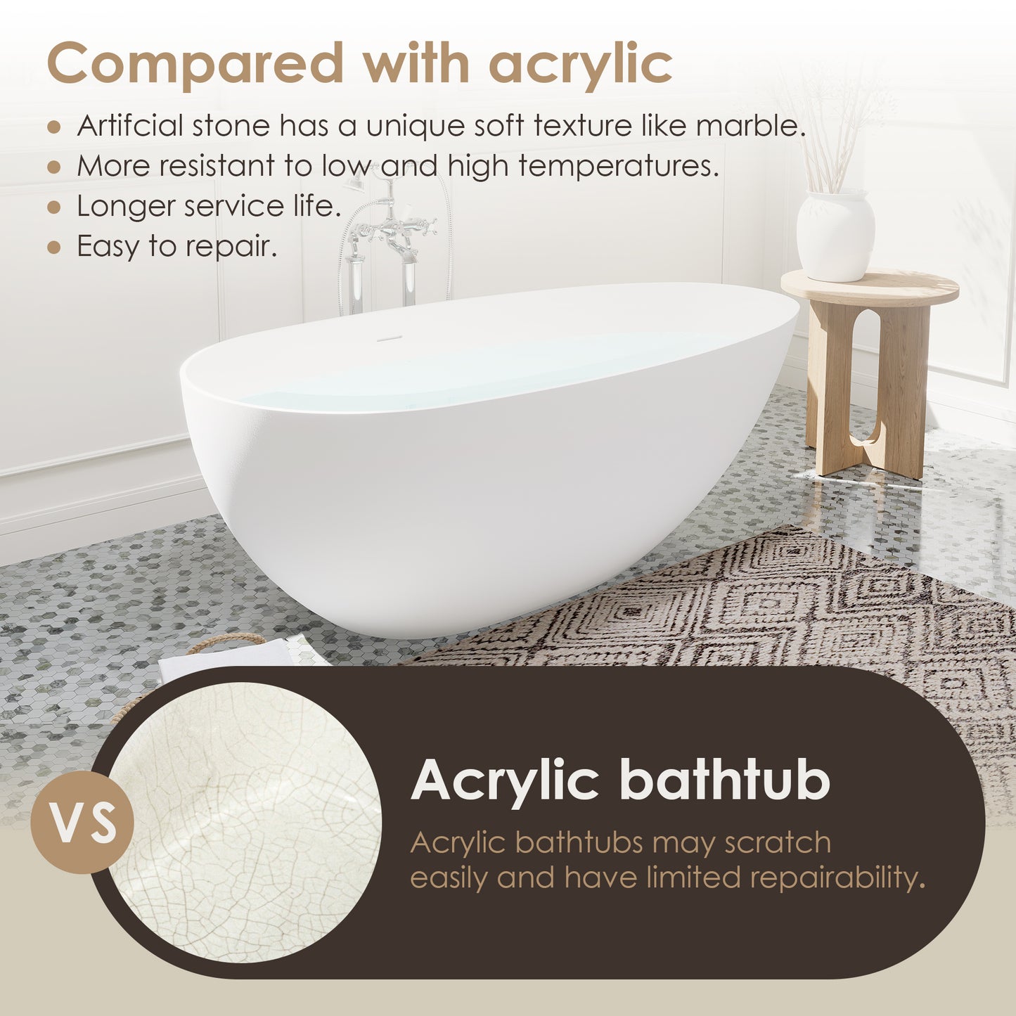 Elegant Freestanding Oval Tub Solid Surface Soaking Bathtub by Altair