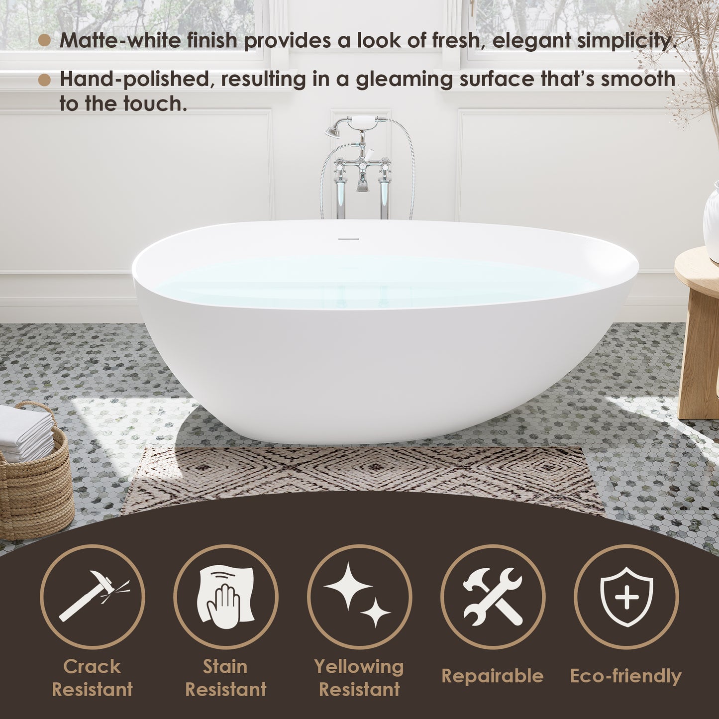 Elegant Freestanding Oval Tub Solid Surface Soaking Bathtub by Altair