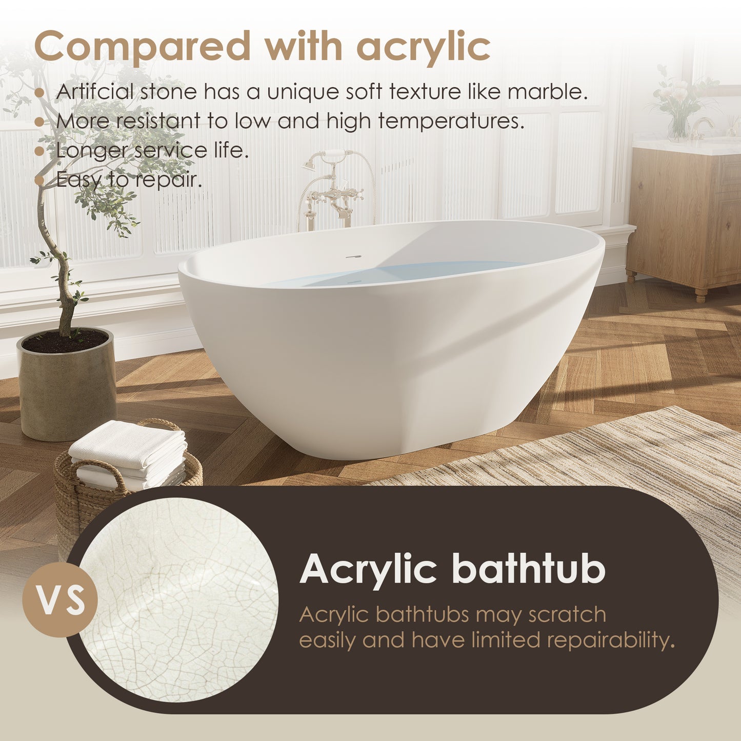 Modern Oval Freestanding Bathtub Solid Surface Soaking Bathtub by Altair