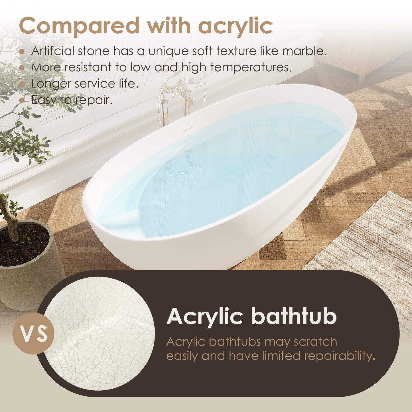 Modern Oval Freestanding Bathtub Solid Surface Soaking Bathtub by Altair