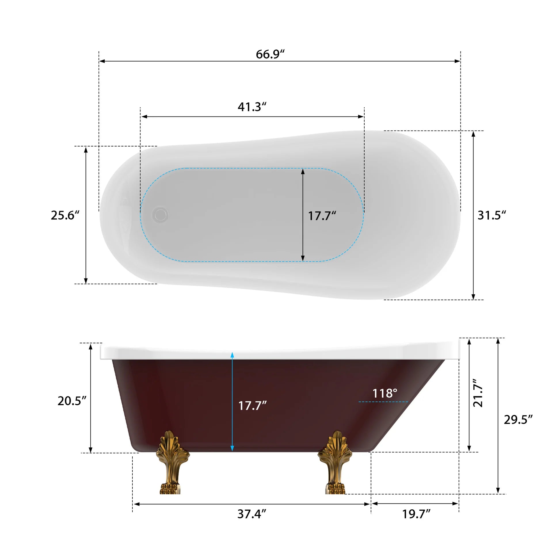 Clawfoot Freestanding Soaking Bathtub in Red/Polished Chrome by Vanity Art