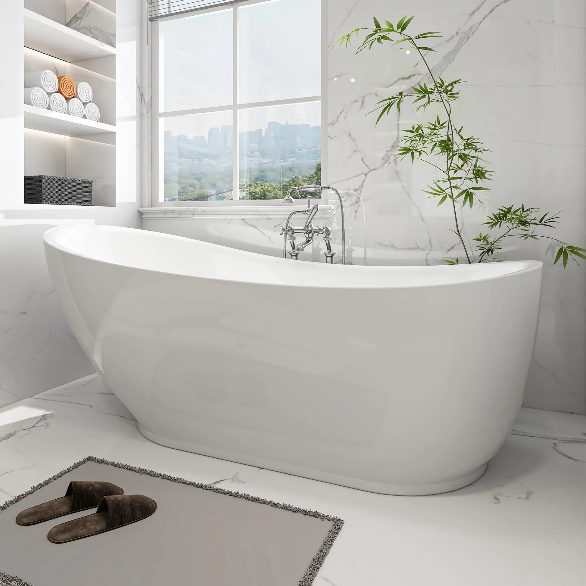 Flatbottom Freestanding Soaking Bathtub in White/Polished Chrome by Vanity Art