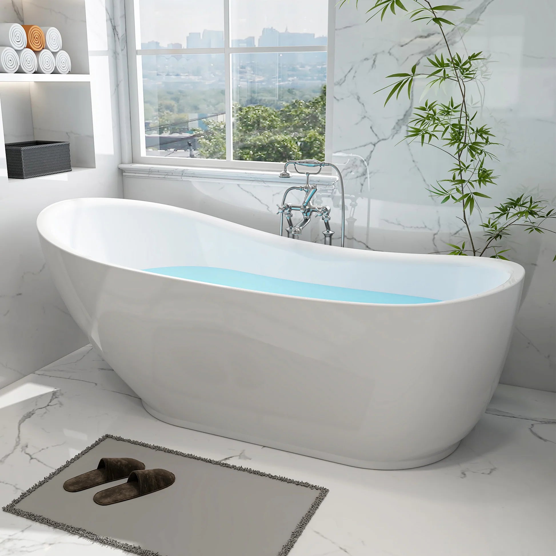 Flatbottom Freestanding Soaking Bathtub in White/Polished Chrome by Vanity Art