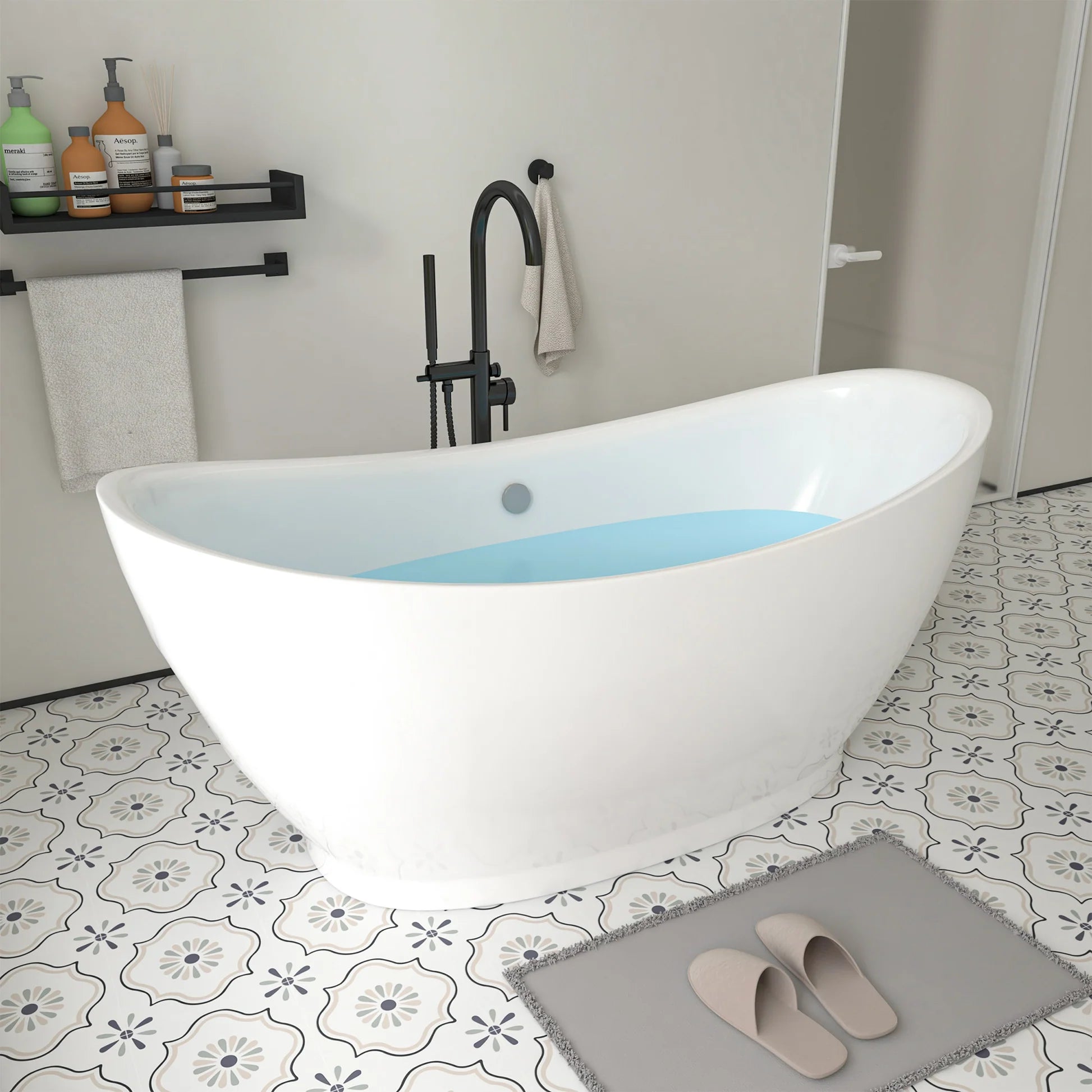 Flatbottom Freestanding Soaking Bathtub in White/Polished Chrome by Vanity Art