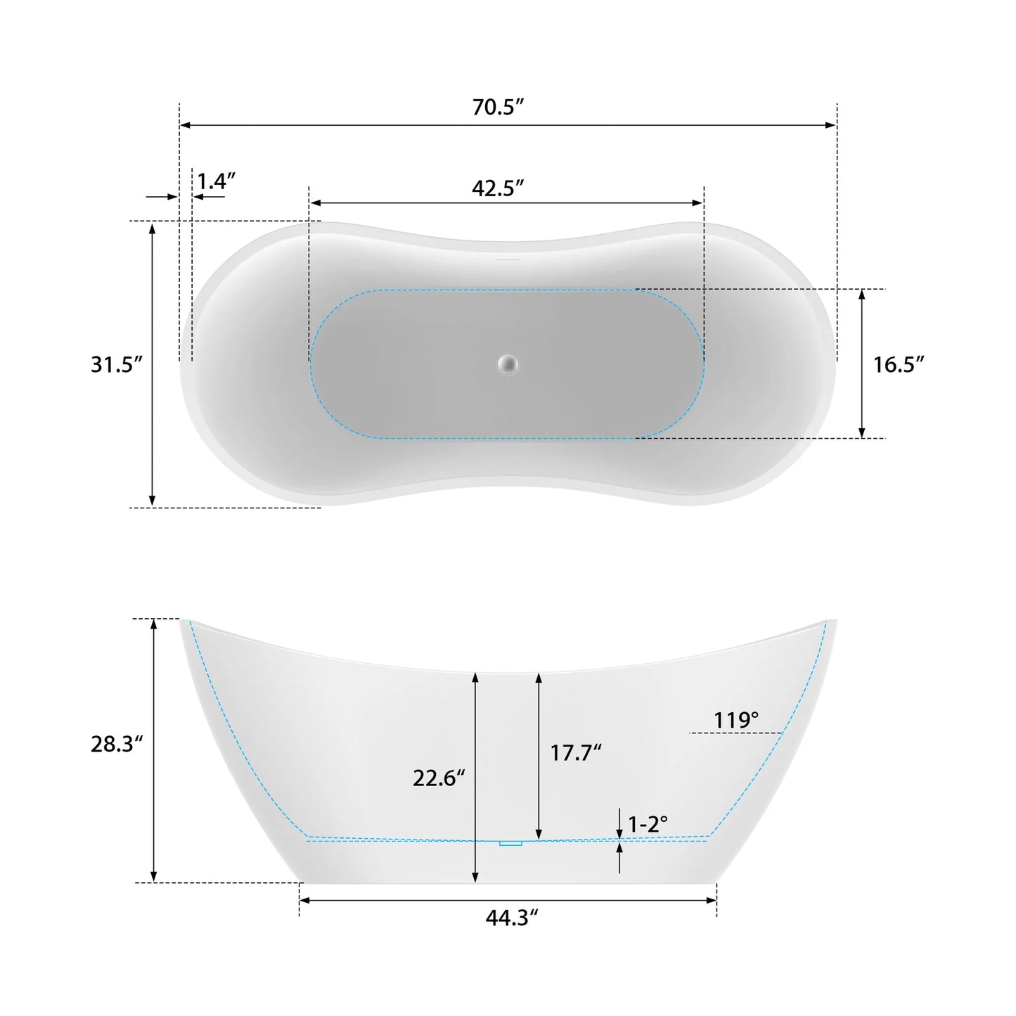 Freestanding Soaking Bathtub with Center Drain in White by Vanity Art