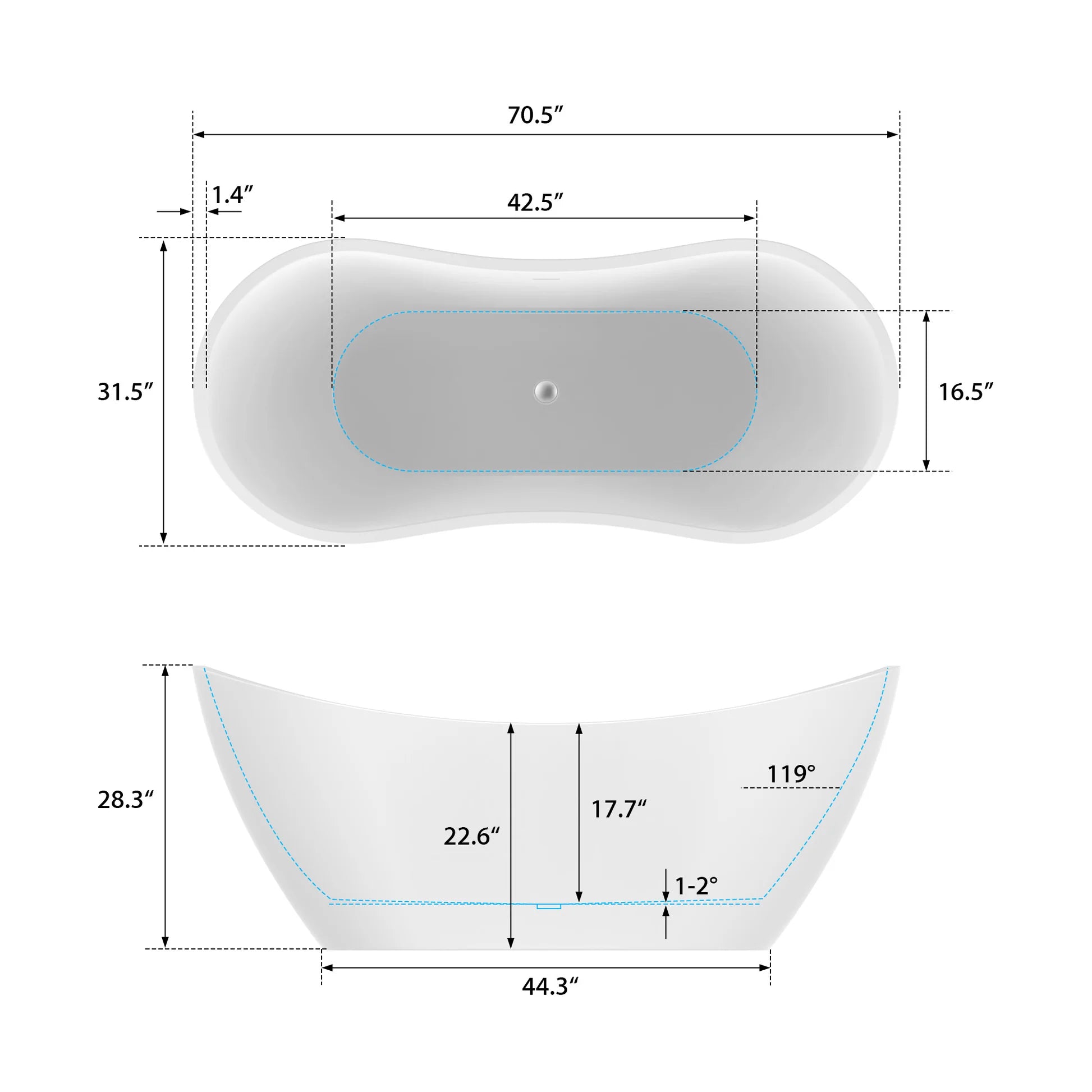 Freestanding Soaking Bathtub with Center Drain in White by Vanity Art