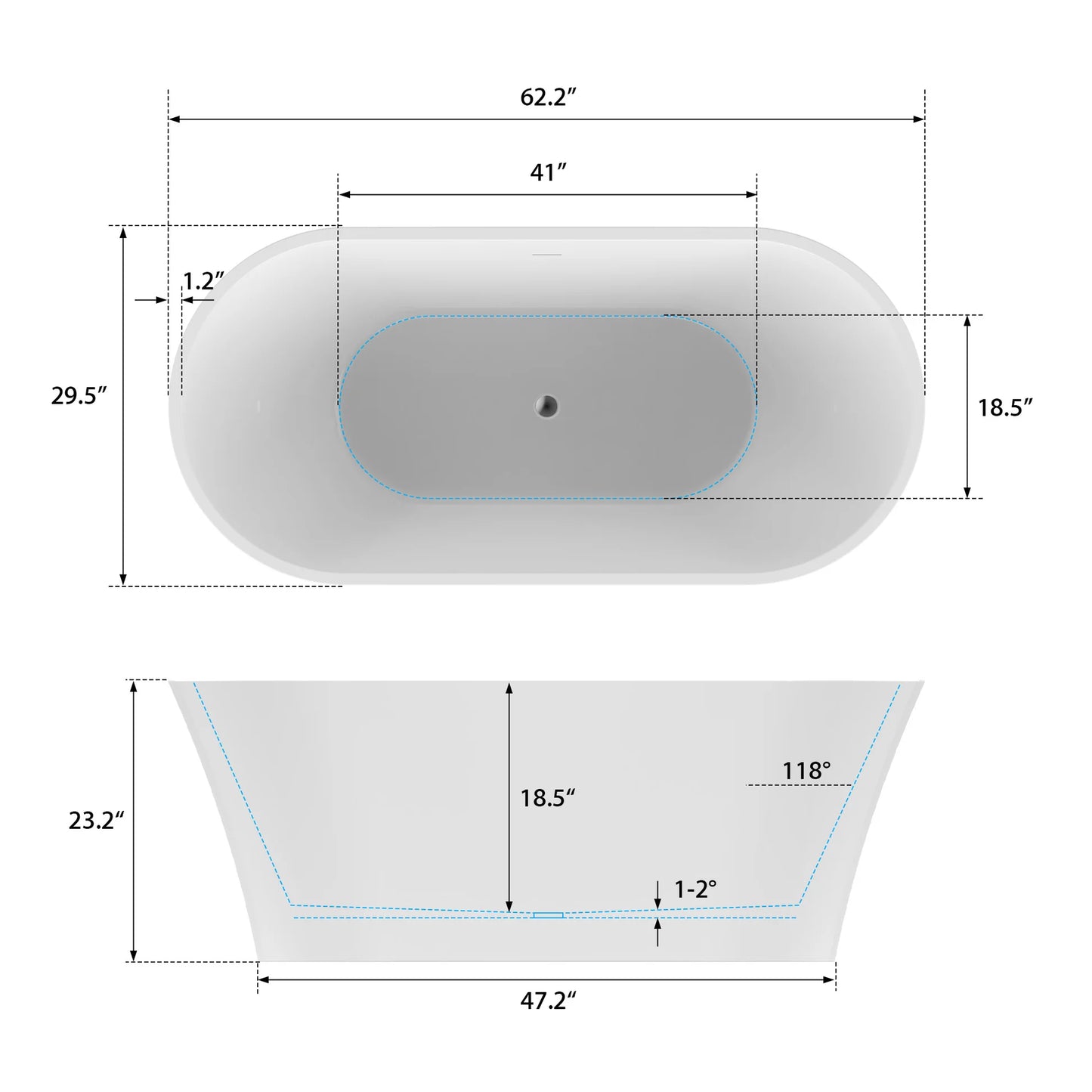 Flatbottom Freestanding Soaking Bathtub in  White/Polished Chrome