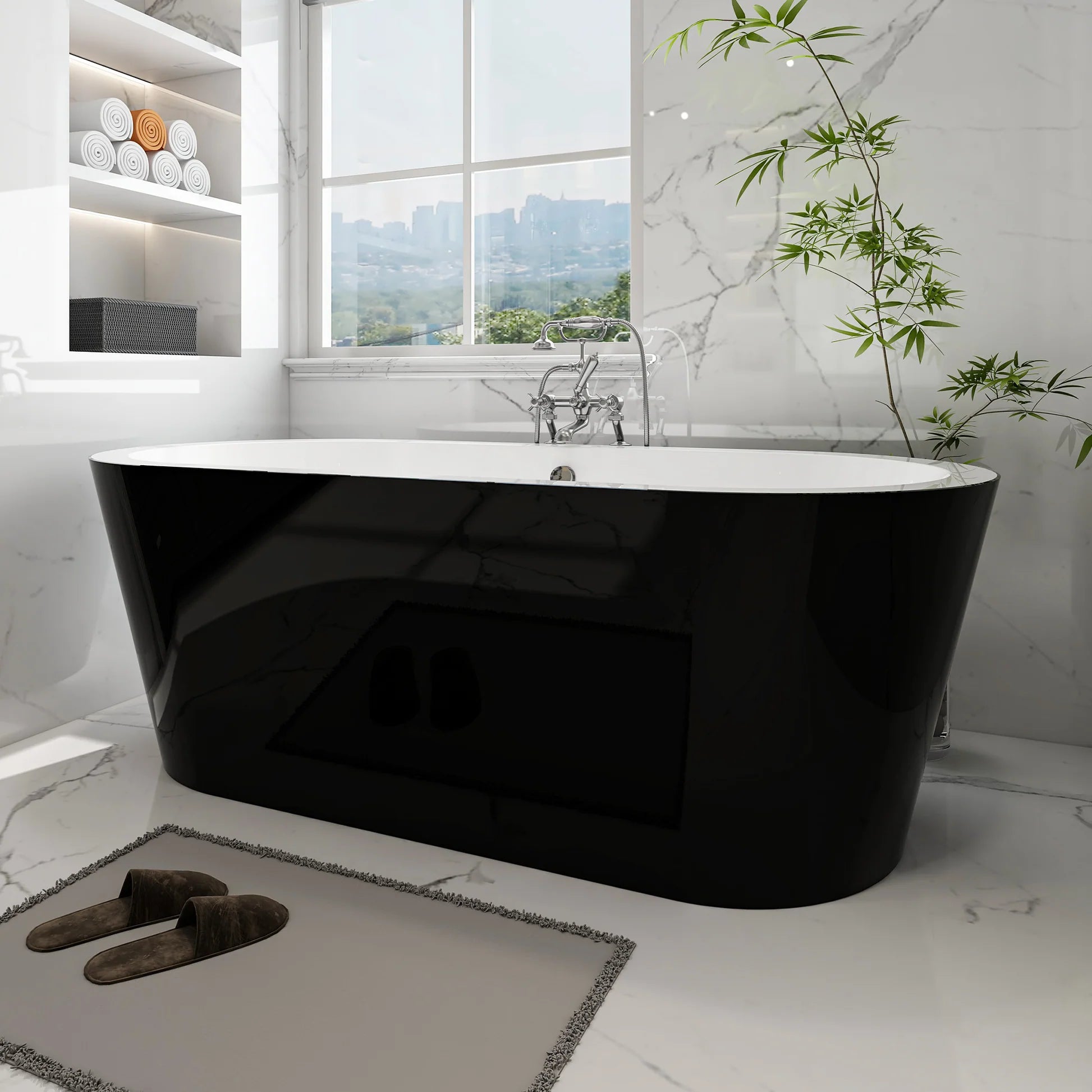 Flatbottom Freestanding Soaking Bathtub in Black/Polished Chrome by Vanity Art