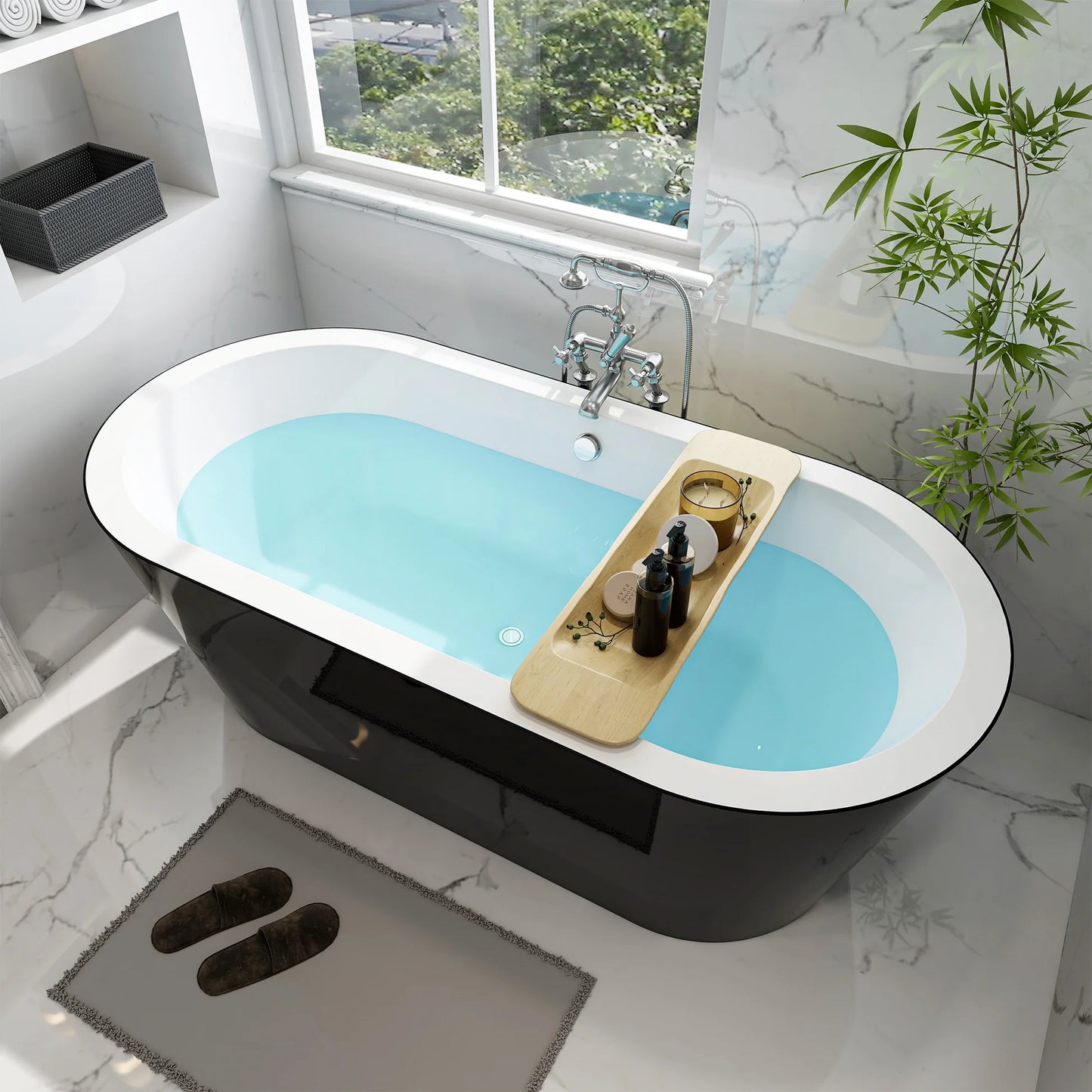 Flatbottom Freestanding Soaking Bathtub in Black/Polished Chrome by Vanity Art