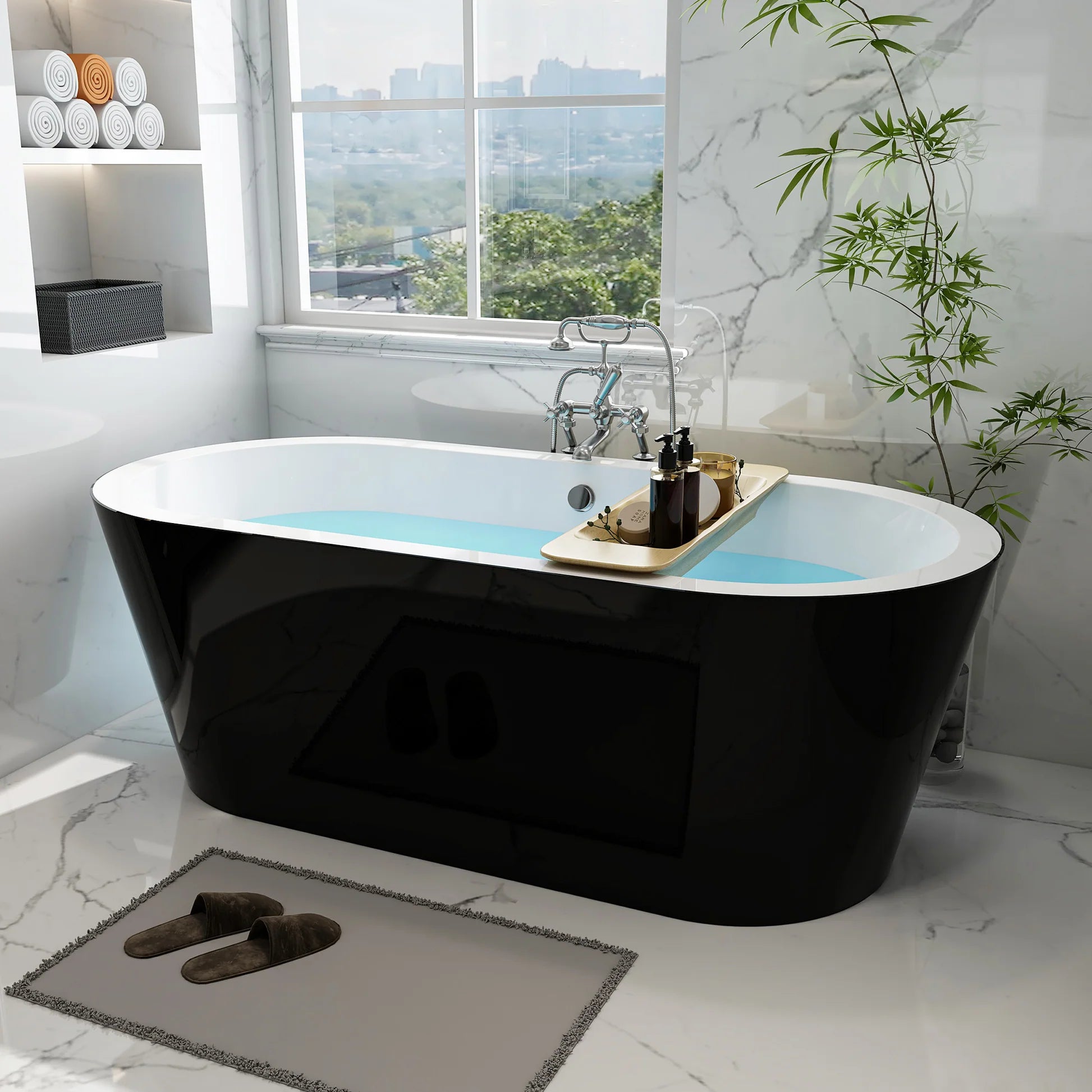 Flatbottom Freestanding Soaking Bathtub in Black/Polished Chrome by Vanity Art