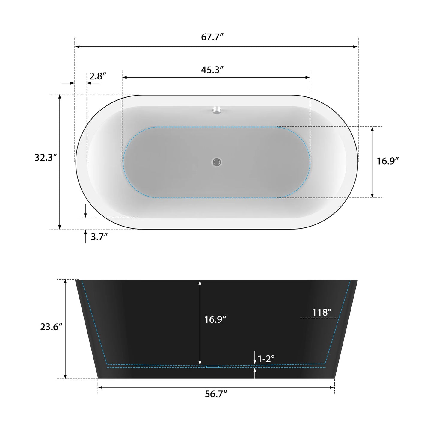 Flatbottom Freestanding Soaking Bathtub in Black/Polished Chrome by Vanity Art