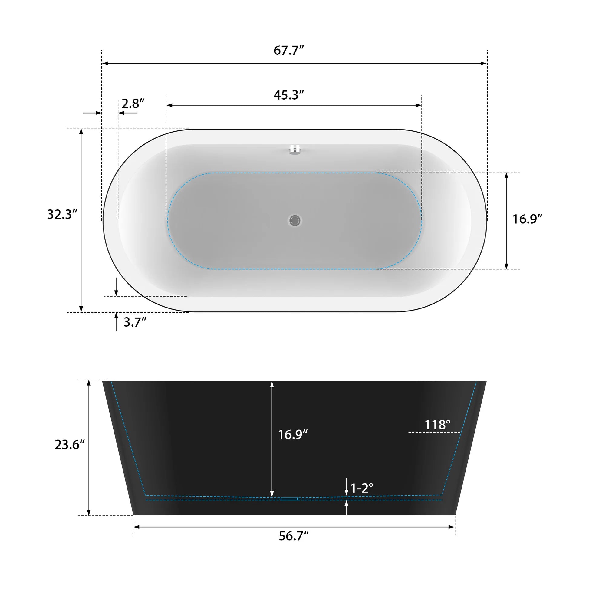 Flatbottom Freestanding Soaking Bathtub in Black/Polished Chrome by Vanity Art