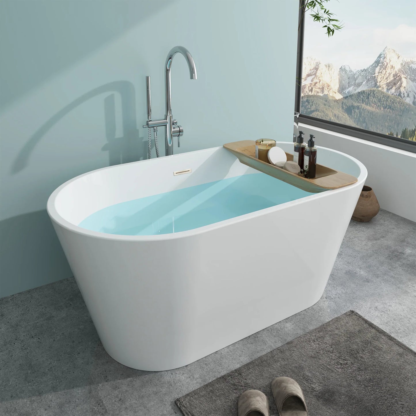 Flatbottom Freestanding Non-Slip Soaking  Bathtub in White