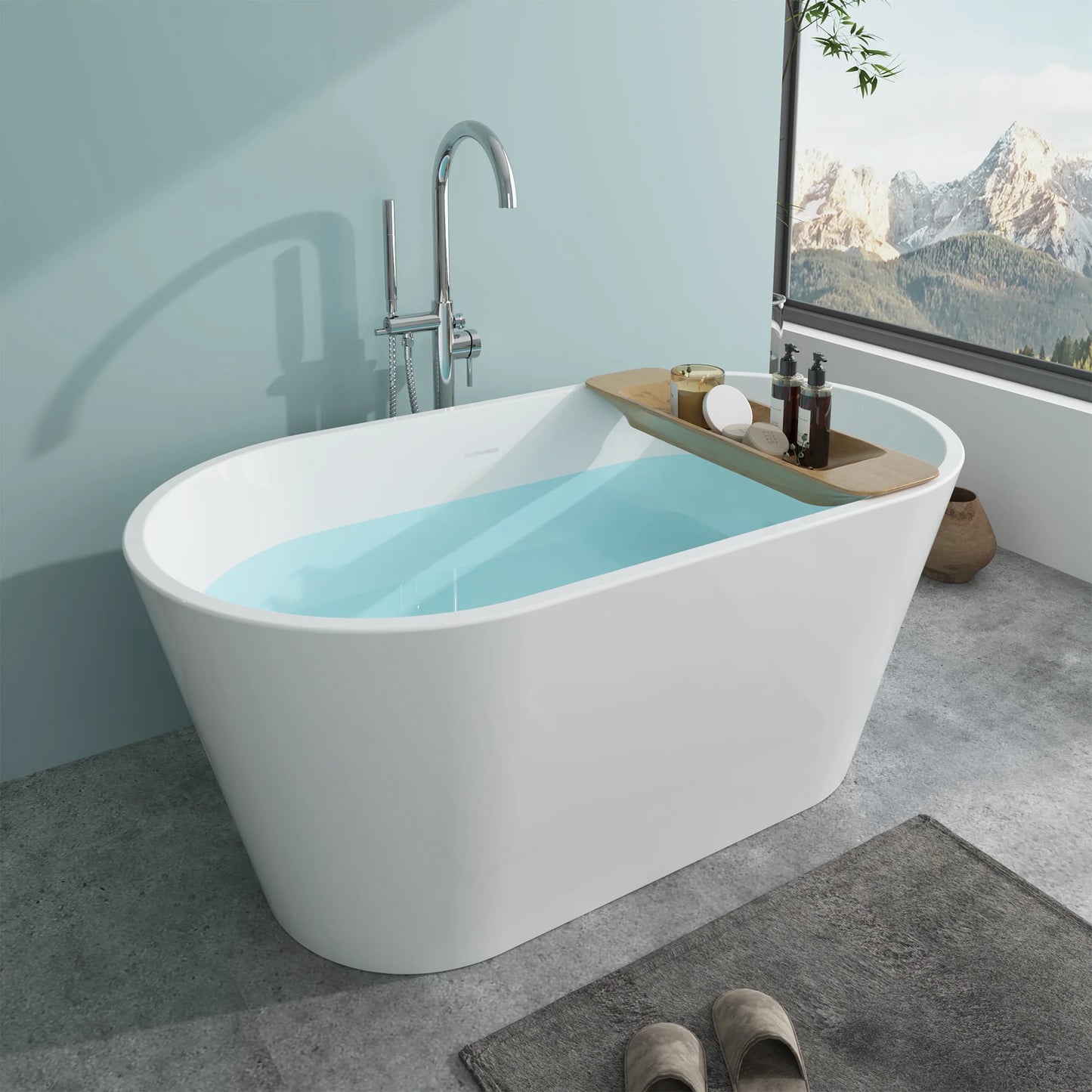 Flatbottom Freestanding Non-Slip Soaking  Bathtub in White