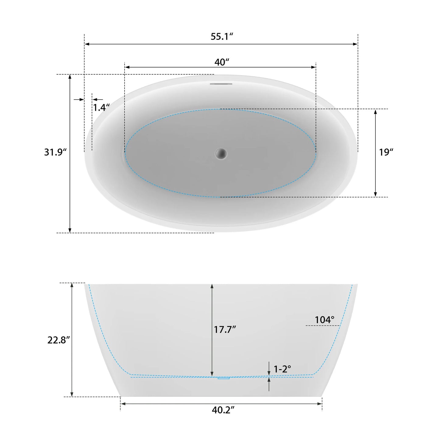 Flatbottom Freestanding Soaking Bathtub with Center Drain in White by Vanity Art