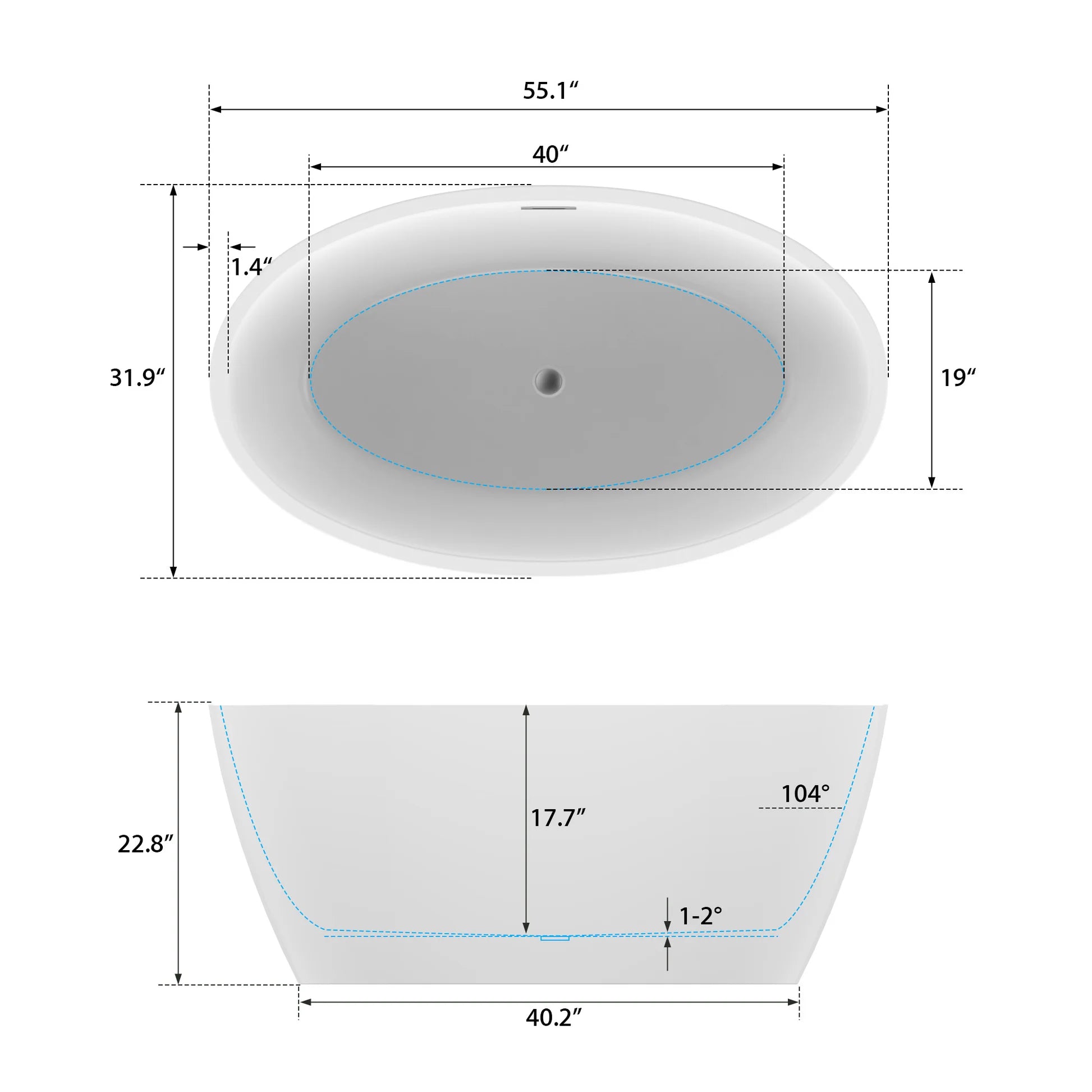 Flatbottom Freestanding Soaking Bathtub with Center Drain in White by Vanity Art