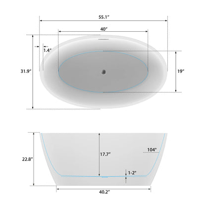 Flatbottom Freestanding Soaking Bathtub with Center Drain in White by Vanity Art