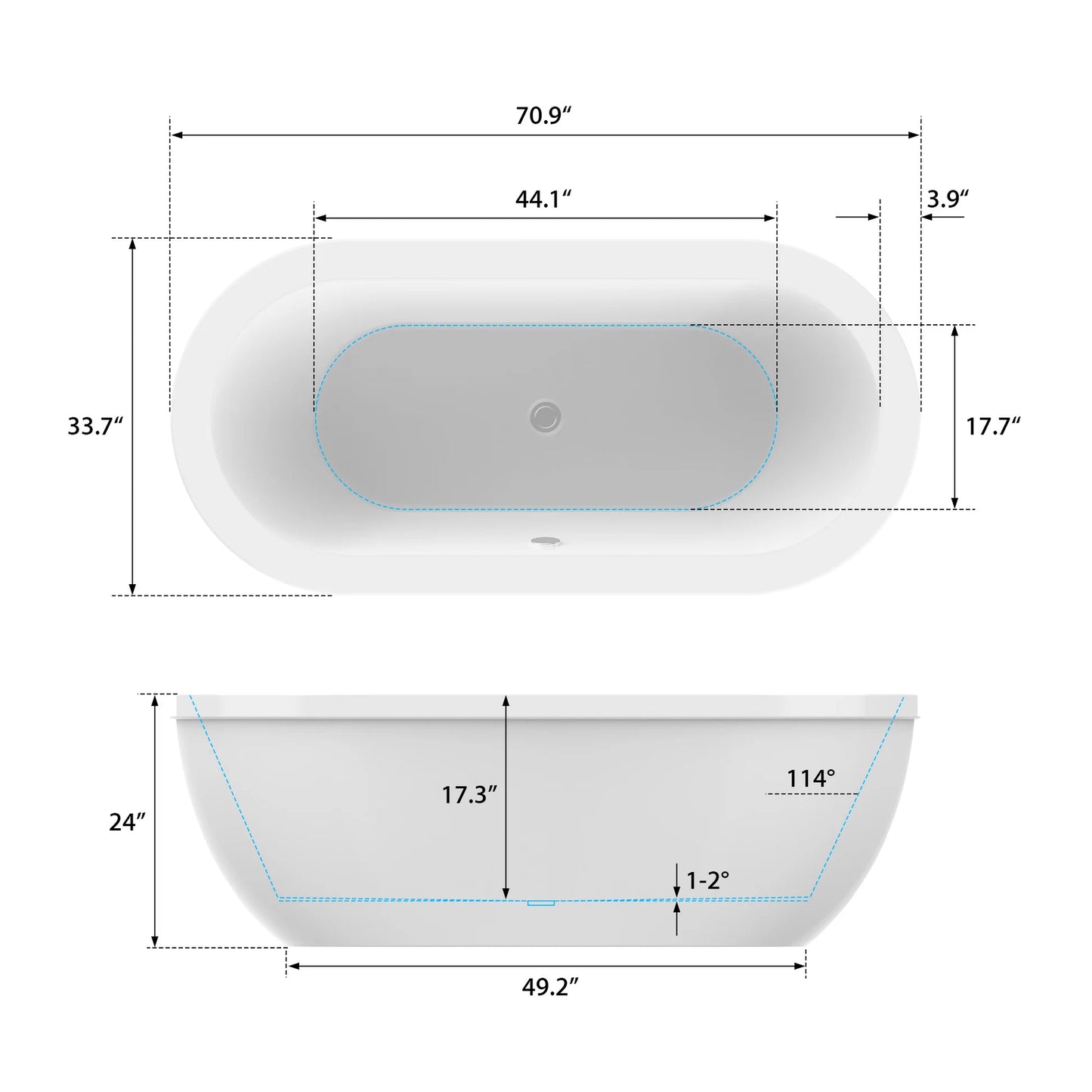 Flatbottom Center Drain Freestanding Soaking  Bathtub