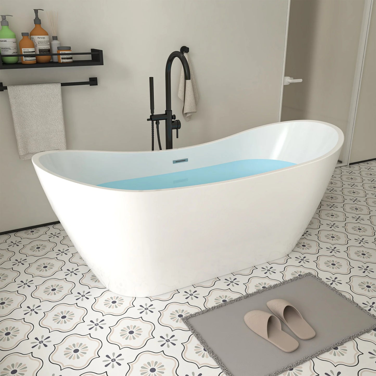 Flatbottom Center Drain Freestanding Soaking  Bathtub