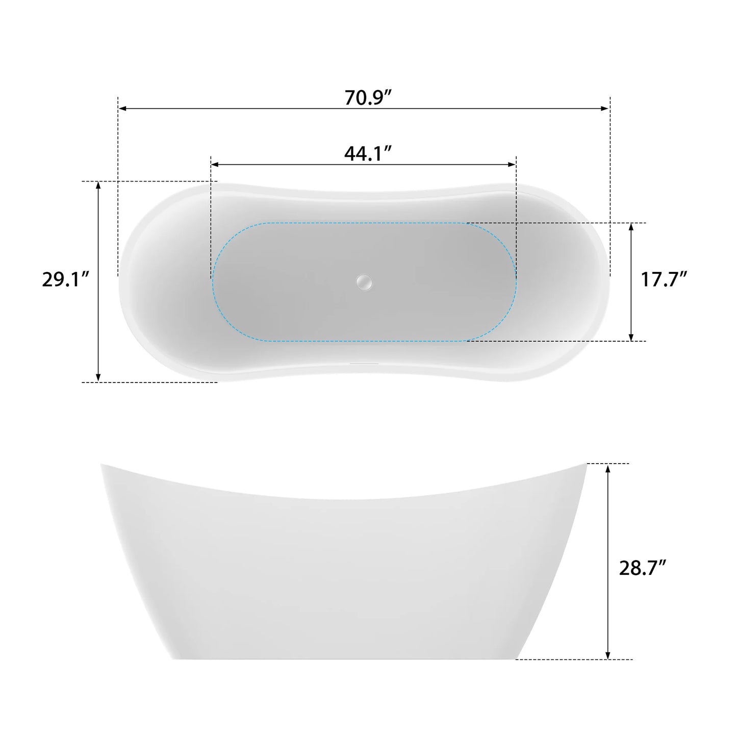 Flatbottom Center Drain Freestanding Soaking  Bathtub