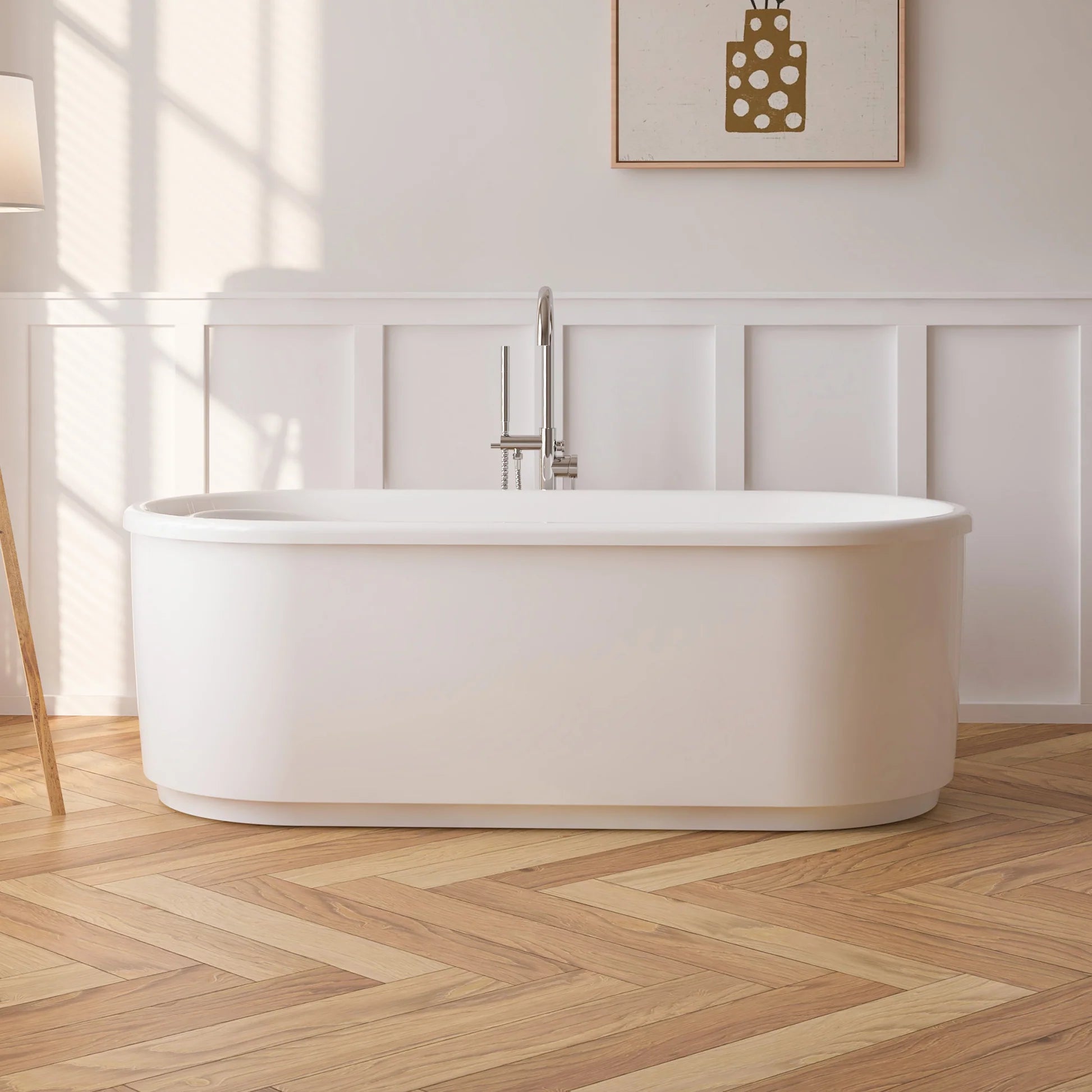 Vanity Art white acrylic freestanding soaking bathtub with chrome faucet in a paneled bathroom