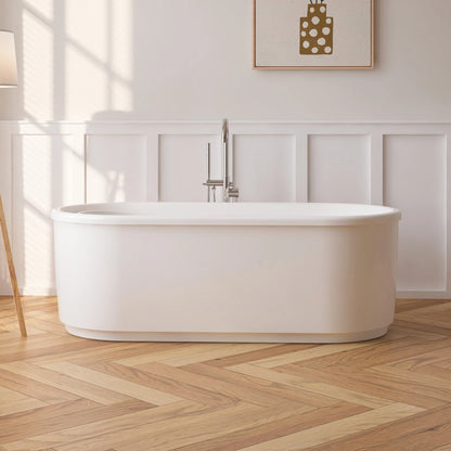 Vanity Art white acrylic freestanding soaking bathtub with chrome faucet in a paneled bathroom