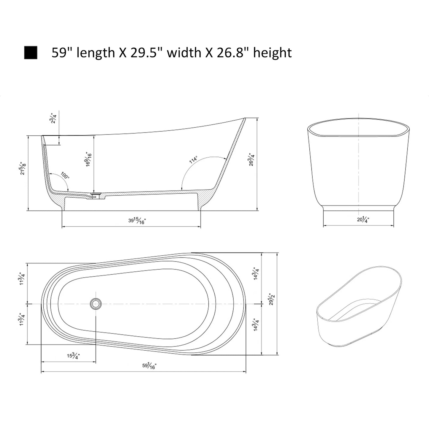 Solid Surface Resin Stone Flatbottom Freestanding  Soaking Bathtub