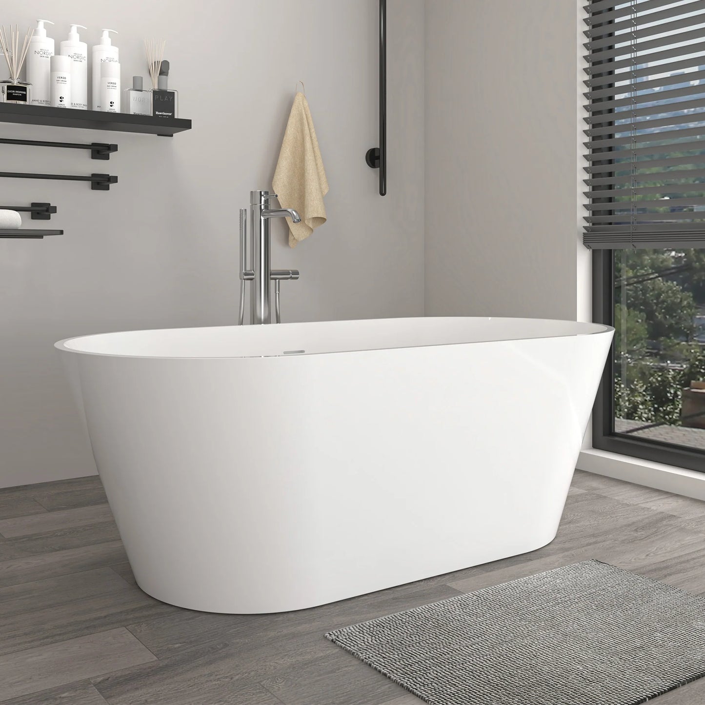 Solid Surface Resin Stone Flatbottom Freestanding  Soaking Bathtub