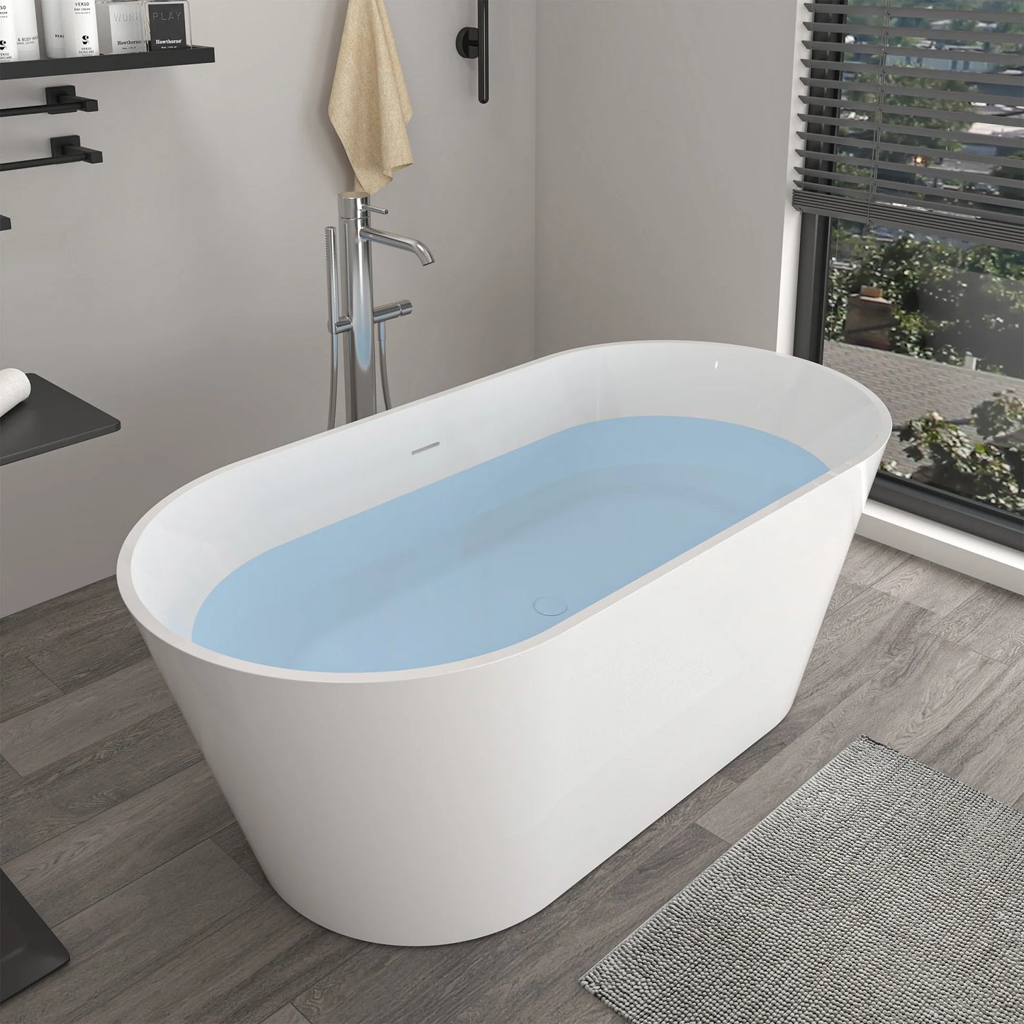 Solid Surface Resin Stone Flatbottom Freestanding  Soaking Bathtub