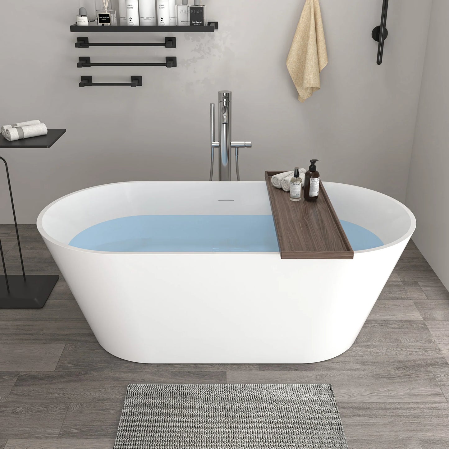 Solid Surface Resin Stone Flatbottom Freestanding  Soaking Bathtub