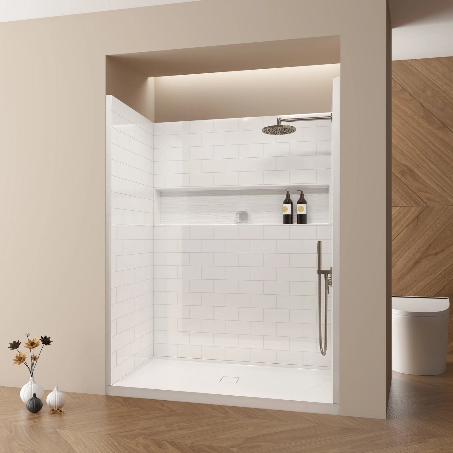 4-Piece Direct-to-Stud Alcove Shower Wall Kit With Shower Base  Combo in White