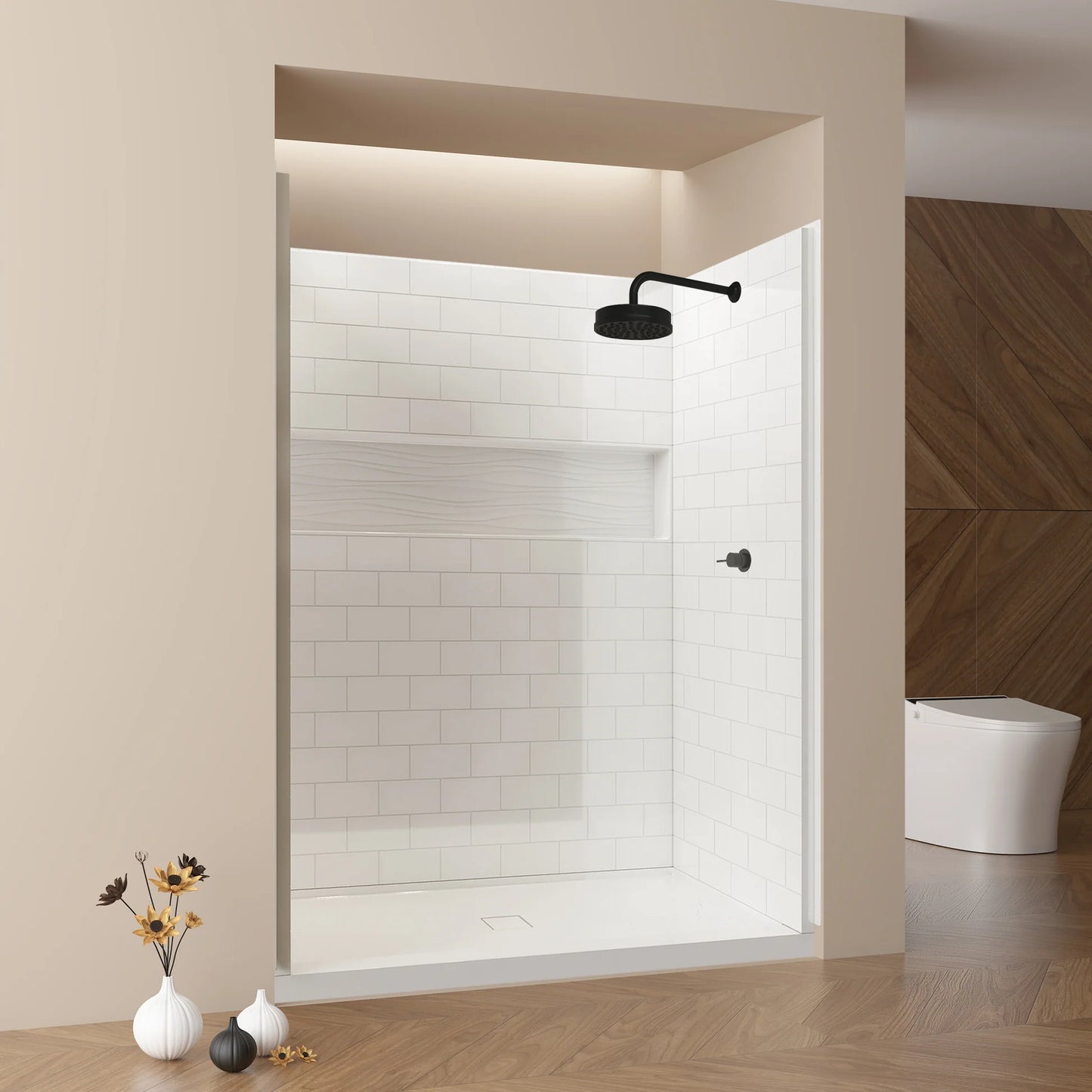 4-Piece Direct-to-Stud Alcove Shower Wall Kit With Shower Base  Combo in White