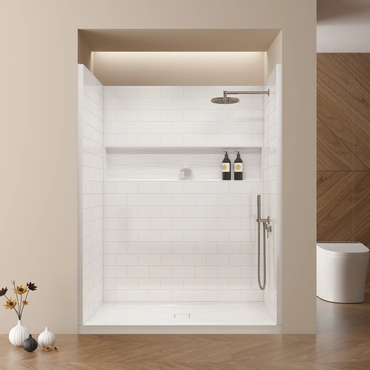 4-Piece Direct-to-Stud Alcove Shower Wall Kit With Shower Base  Combo in White