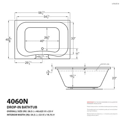 Neptune 40 x 60 Rectangular Air Jetted Bathtub with Reversible Drain