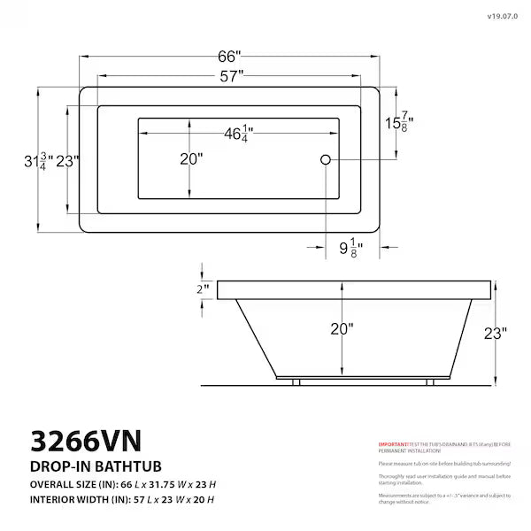 Venetian 32 x 66 Rectangular Air Jetted Bathtub with Reversible Drain