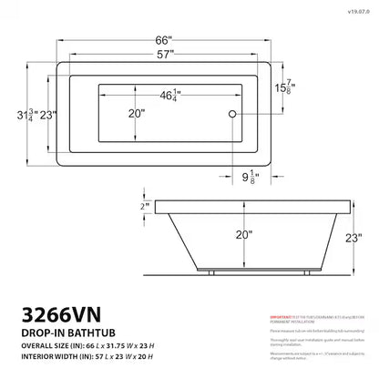 Venetian 32 x 66 Rectangular Air Jetted Bathtub with Reversible Drain