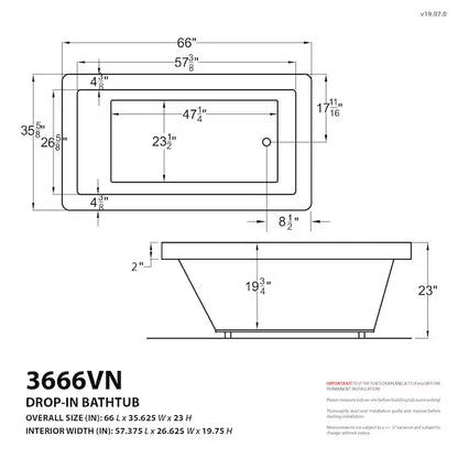 Sapphire Series 66 in. x 36 in. Rectangular Air Bathtub with Right Side Drain and Aromatherapy in Glossy Smooth White