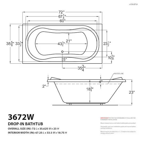 Whisper 36 x 72 Rectangular Soaking Bathtub with Reversible Drain